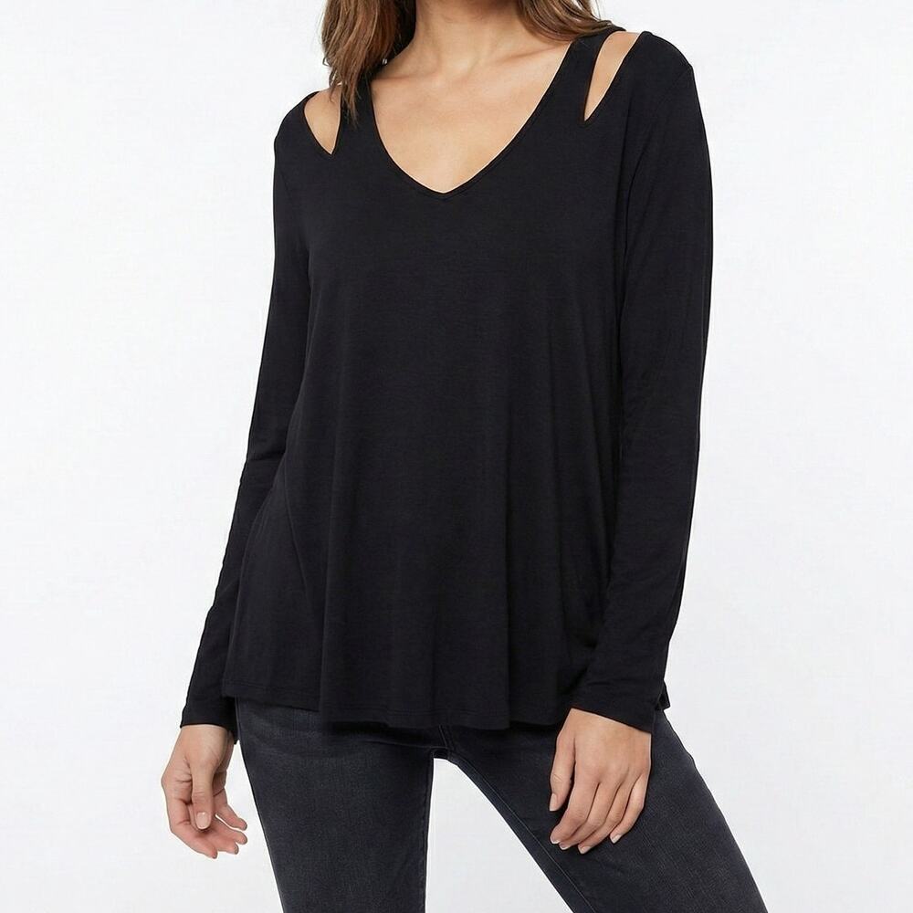 Tahari Womens Medium Black Long Sleeve Cold Shoulder Cut Out Top